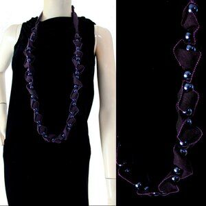 Vintage LANVIN x Alber Elbaz Purple Faux Pearl & Grosgrain Ribbon Necklace